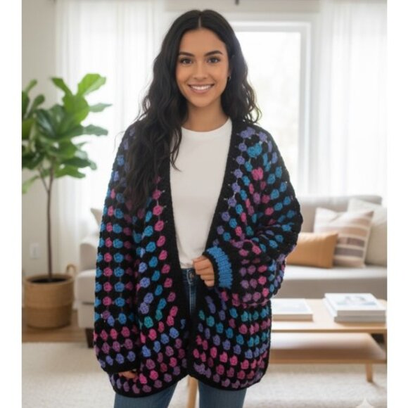 Hand Crochet Cardigan Sweater Jacket Boho Hippie Retro Balloon Sleeves Size L - Picture 1 of 6